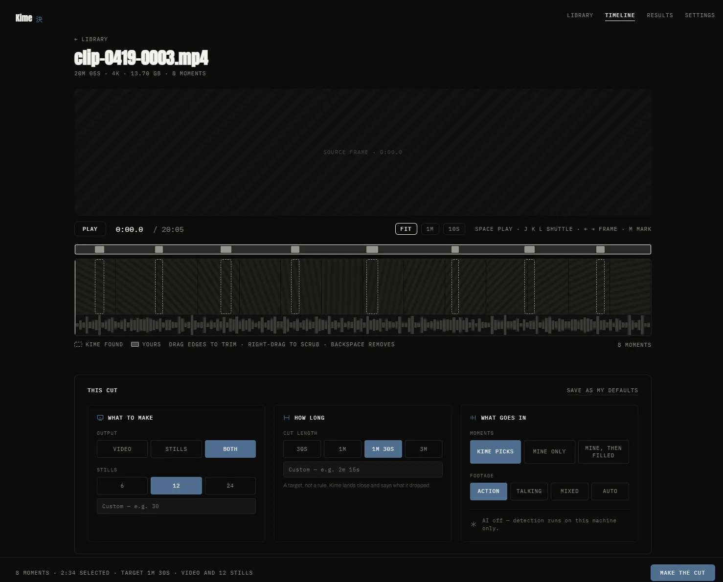 Kime desktop — the timeline, with the moments it found marked on the source file