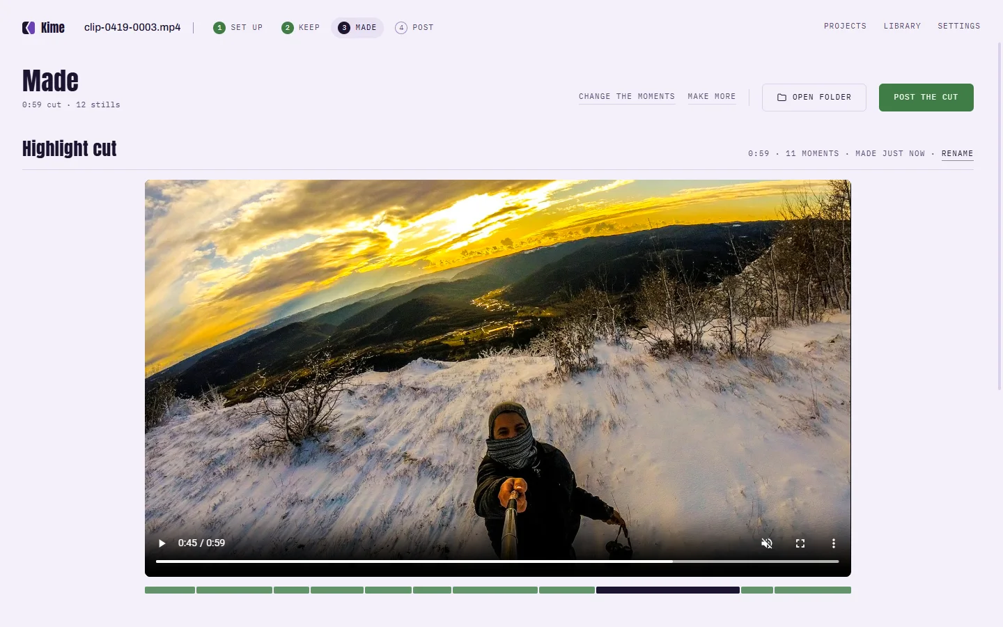 Kime's Made screen: the 59-second highlight cut, with Post the cut beside it.
