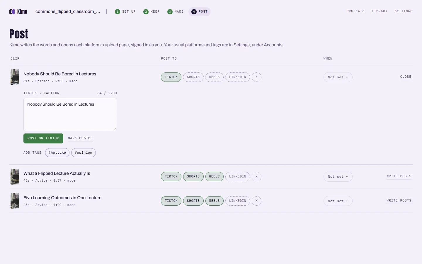 Kime's Post screen: each clip with the platforms to post it to, and a TikTok caption written for the first.